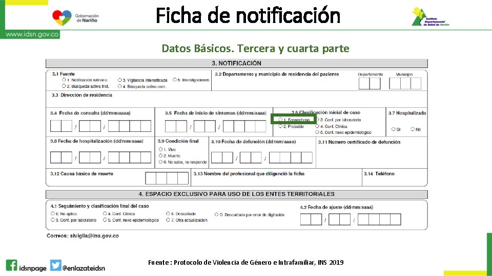 Ficha de notificación Datos Básicos. Tercera y cuarta parte Fuente : Protocolo de Violencia Ficha de notificación Datos Básicos. Tercera y cuarta parte Fuente : Protocolo de Violencia