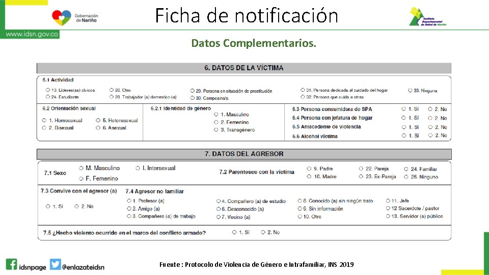 Ficha de notificación Datos Complementarios. Fuente : Protocolo de Violencia de Género e Intrafamiliar, Ficha de notificación Datos Complementarios. Fuente : Protocolo de Violencia de Género e Intrafamiliar,