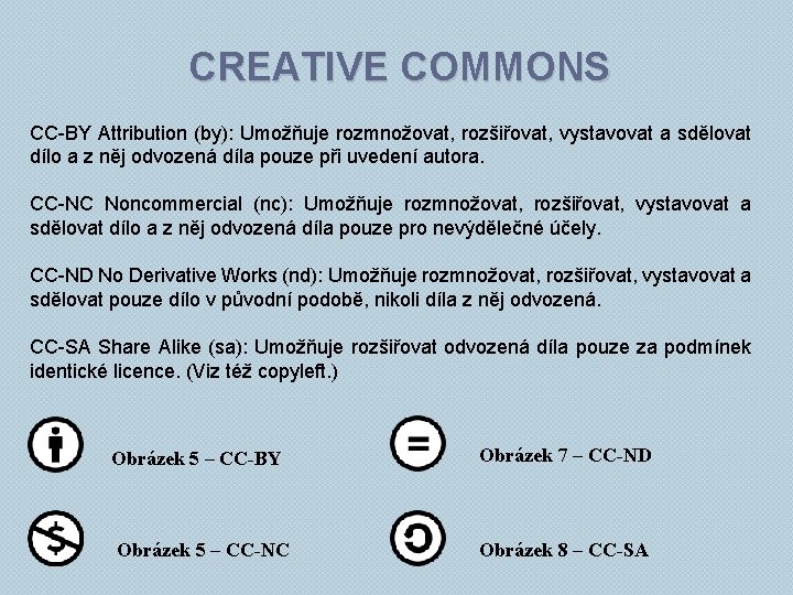 CREATIVE COMMONS CC-BY Attribution (by): Umožňuje rozmnožovat, rozšiřovat, vystavovat a sdělovat dílo a z