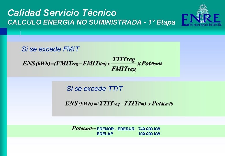 Calidad Servicio Técnico CALCULO ENERGIA NO SUMINISTRADA - 1° Etapa Si se excede FMIT