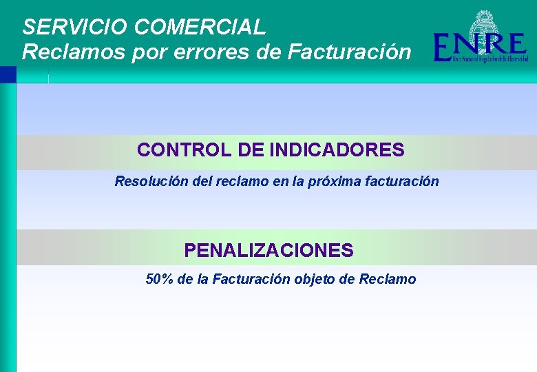 SERVICIO COMERCIAL Reclamos por errores de Facturación CONTROL DE INDICADORES Resolución del reclamo en