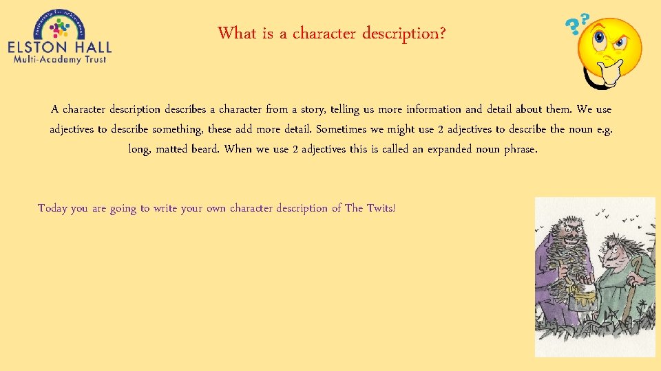 What is a character description? A character description describes a character from a story,