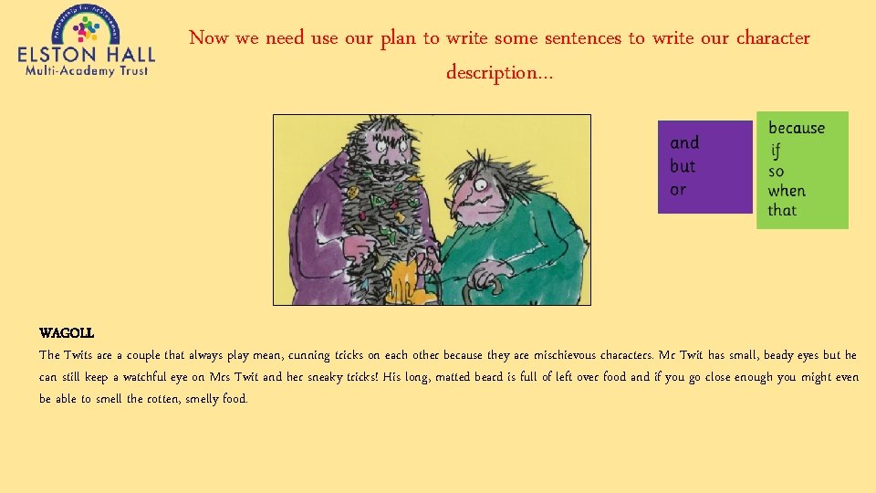 Now we need use our plan to write some sentences to write our character