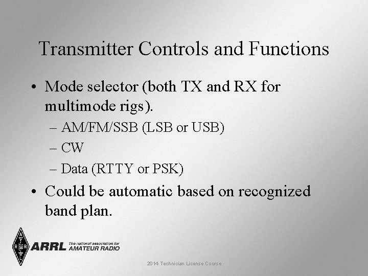 Transmitter Controls and Functions • Mode selector (both TX and RX for multimode rigs).