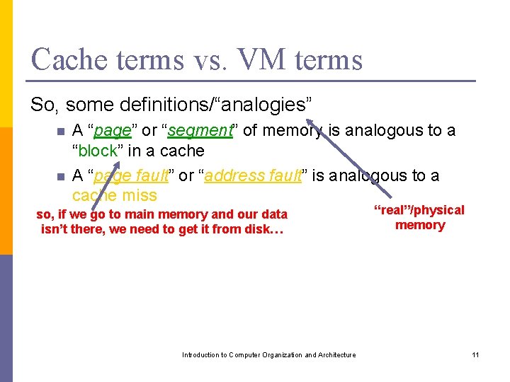 Cache terms vs. VM terms So, some definitions/“analogies” n n A “page” or “segment”