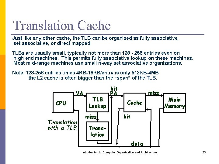 Translation Cache Just like any other cache, the TLB can be organized as fully