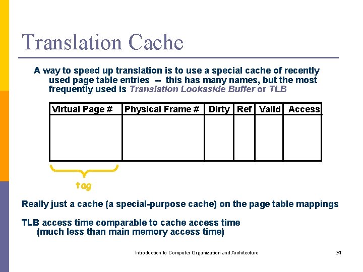 Translation Cache A way to speed up translation is to use a special cache