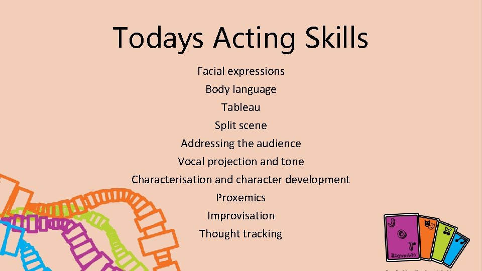 Todays Acting Skills Facial expressions Body language Tableau Split scene Addressing the audience Vocal Todays Acting Skills Facial expressions Body language Tableau Split scene Addressing the audience Vocal