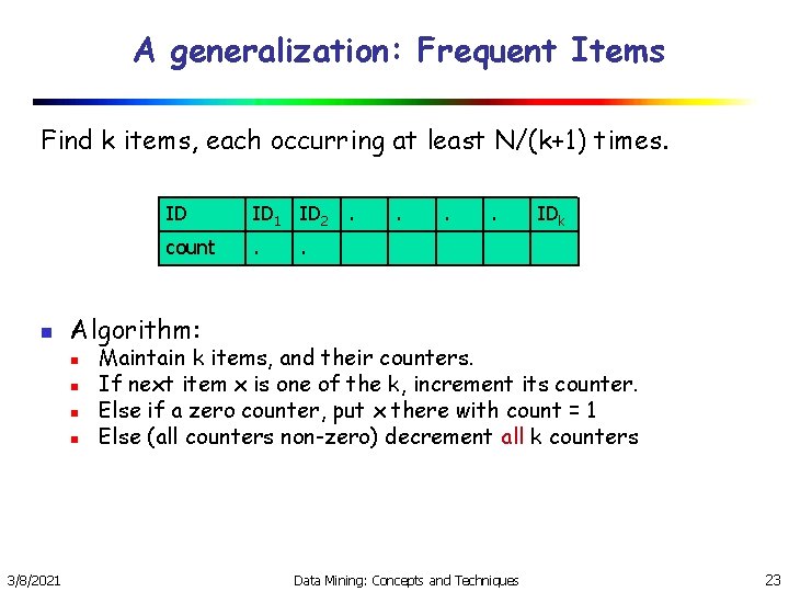 A generalization: Frequent Items Find k items, each occurring at least N/(k+1) times. n A generalization: Frequent Items Find k items, each occurring at least N/(k+1) times. n