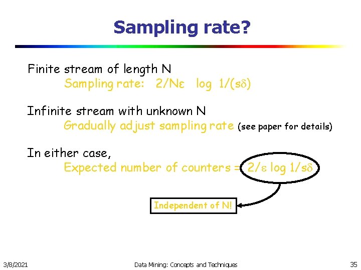 Sampling rate? Finite stream of length N Sampling rate: 2/Nε log 1/(s ) Infinite Sampling rate? Finite stream of length N Sampling rate: 2/Nε log 1/(s ) Infinite