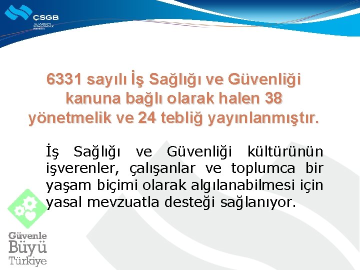 6331 sayılı İş Sağlığı ve Güvenliği kanuna bağlı olarak halen 38 yönetmelik ve 24