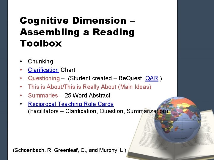 Cognitive Dimension – Assembling a Reading Toolbox • • • Chunking Clarification Chart Questioning