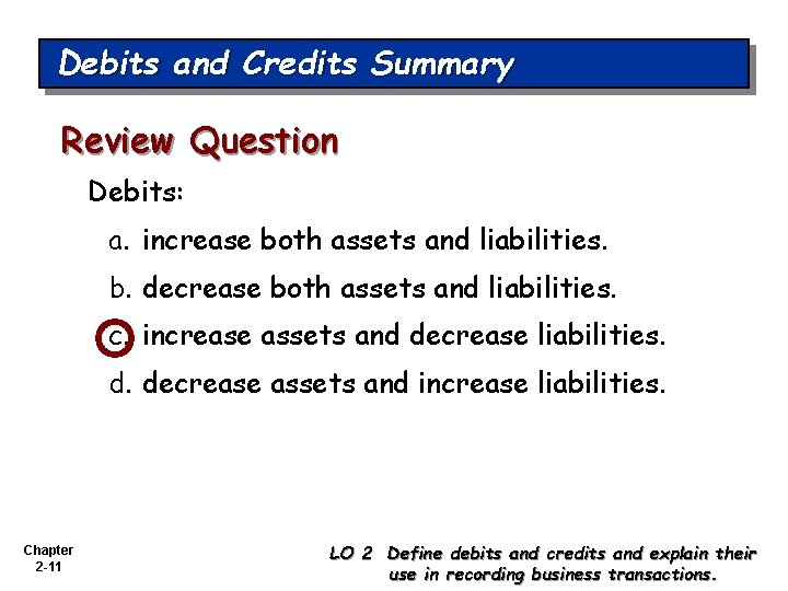 Debits and Credits Summary Review Question Debits: a. increase both assets and liabilities. b.