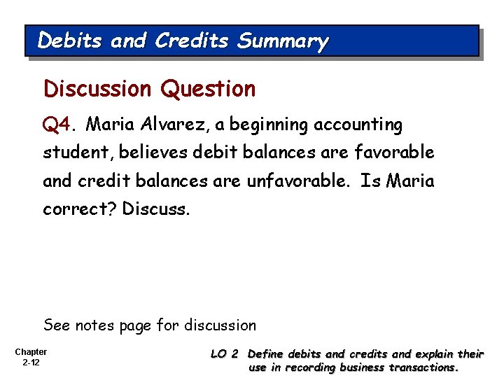 Debits and Credits Summary Discussion Question Q 4. Maria Alvarez, a beginning accounting student,