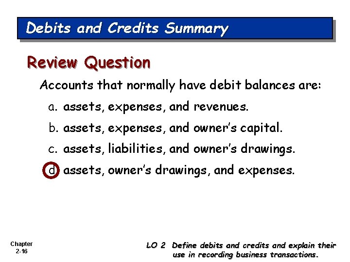 Debits and Credits Summary Review Question Accounts that normally have debit balances are: a.