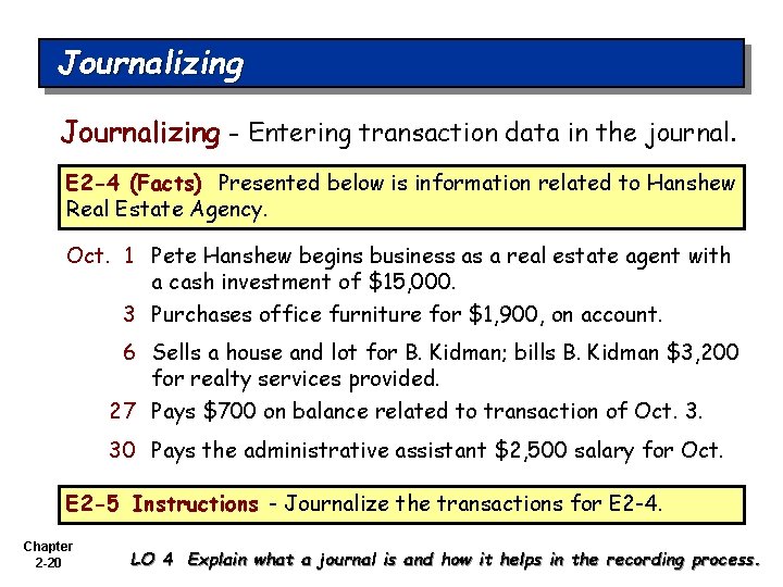 Journalizing - Entering transaction data in the journal. E 2 -4 (Facts) Presented below