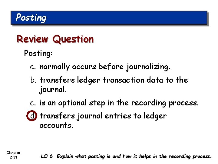Posting Review Question Posting: a. normally occurs before journalizing. b. transfers ledger transaction data
