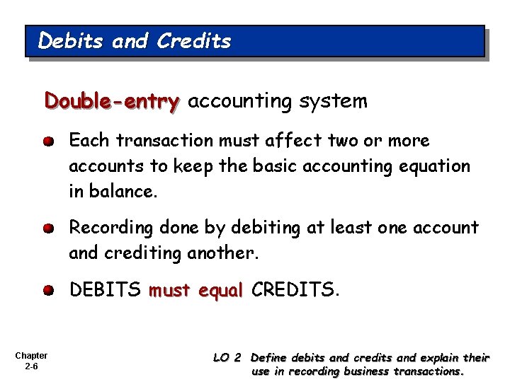 Debits and Credits Double-entry accounting system Each transaction must affect two or more accounts