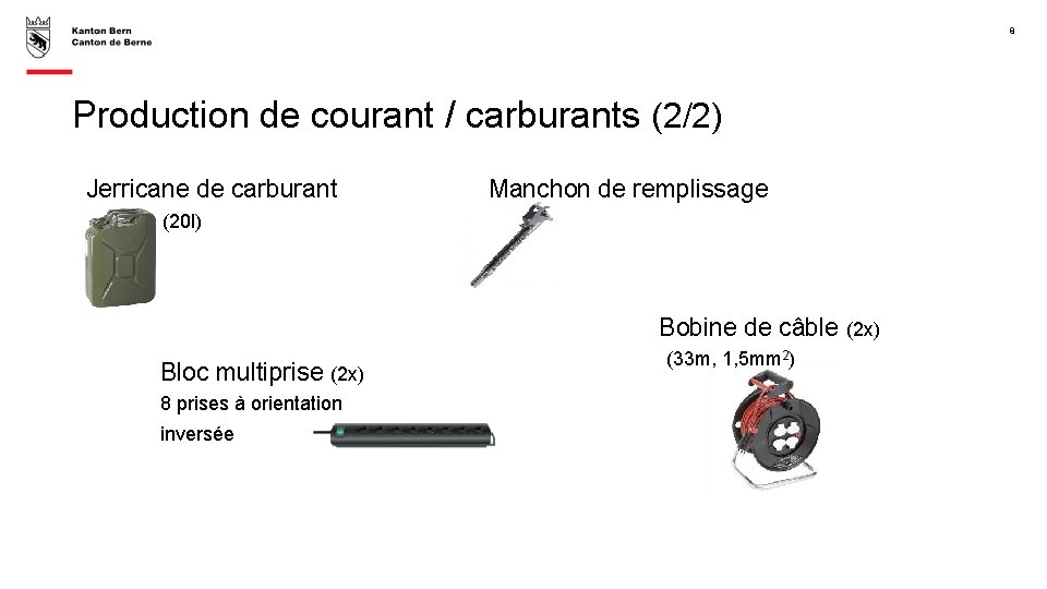 8 Production de courant / carburants (2/2) Jerricane de carburant Manchon de remplissage (20
