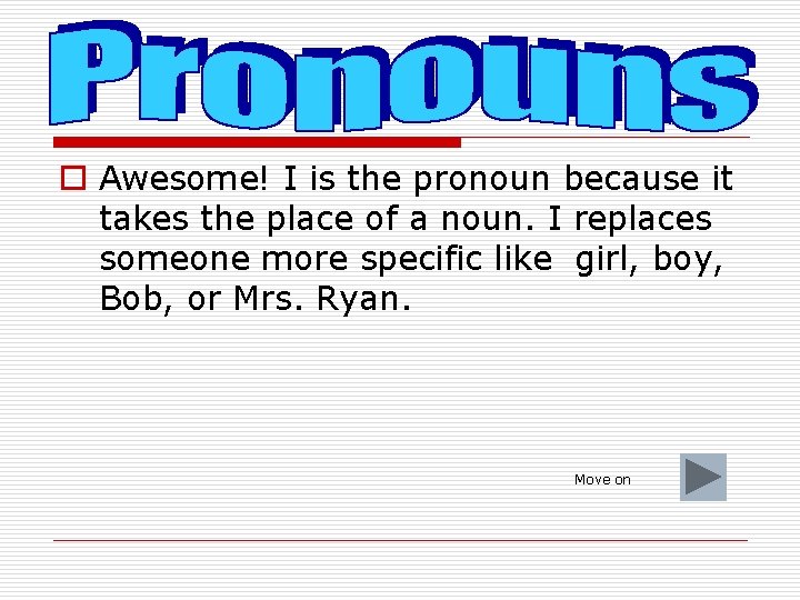 o Awesome! I is the pronoun because it takes the place of a noun.