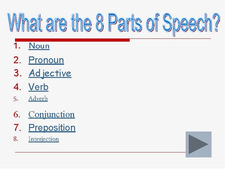 1. Noun 2. 3. 4. 5. Pronoun Adjective Verb Adverb 6. Conjunction 7. Preposition