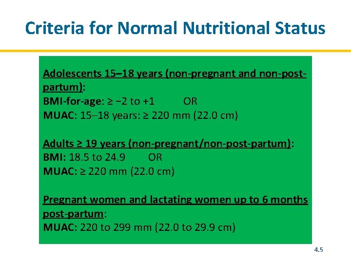 Criteria for Normal Nutritional Status Adolescents 15– 18 years (non-pregnant and non-postpartum): BMI-for-age: ≥