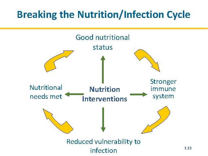 Breaking the Nutrition/Infection Cycle Good nutritional status Nutritional needs met Nutrition Interventions Reduced vulnerability