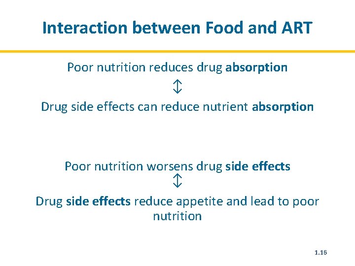 Interaction between Food and ART Poor nutrition reduces drug absorption ↕ Drug side effects
