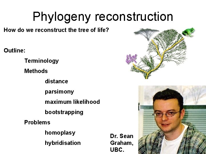 Phylogeny reconstruction How do we reconstruct the tree of life? Outline: Terminology Methods distance