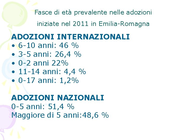 Fasce di età prevalente nelle adozioni iniziate nel 2011 in Emilia-Romagna ADOZIONI INTERNAZIONALI •