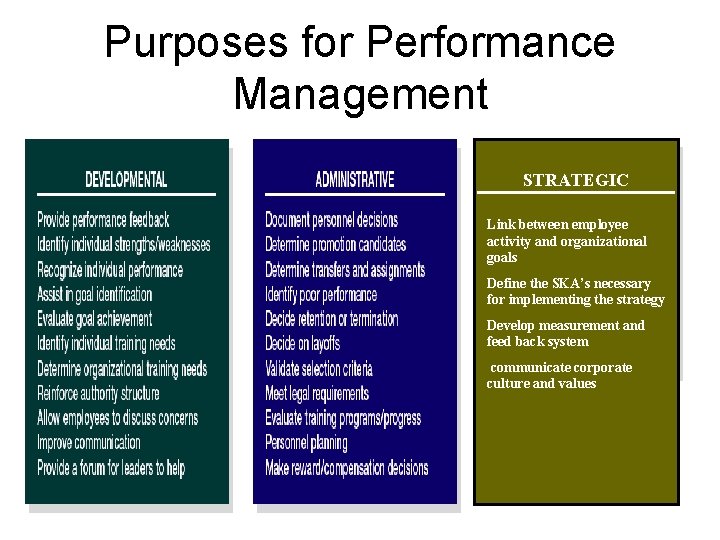 Purposes for Performance Management STRATEGIC Link between employee activity and organizational goals Define the Purposes for Performance Management STRATEGIC Link between employee activity and organizational goals Define the