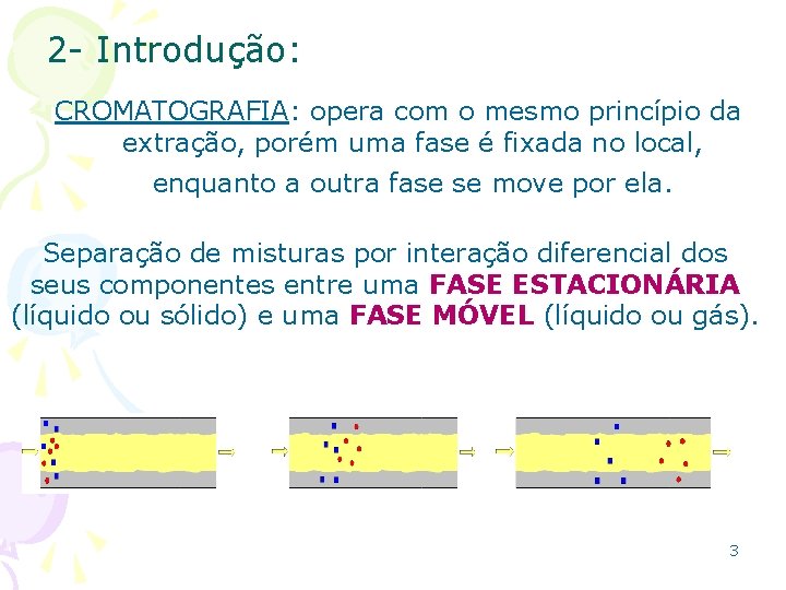 2 - Introdução: CROMATOGRAFIA: opera com o mesmo princípio da extração, porém uma fase