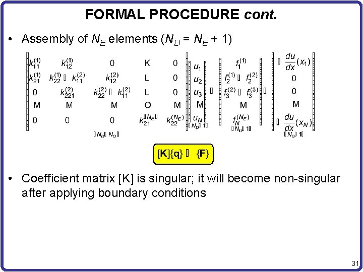 FORMAL PROCEDURE cont. • Assembly of NE elements (ND = NE + 1) •