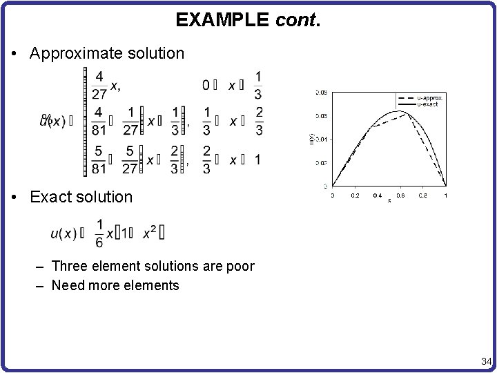 EXAMPLE cont. • Approximate solution • Exact solution – Three element solutions are poor