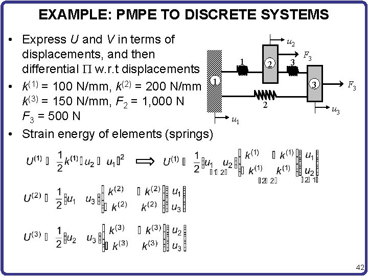 EXAMPLE: PMPE TO DISCRETE SYSTEMS • Express U and V in terms of displacements,