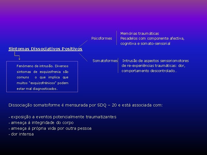 Psicoformes Memórias traumáticas Pesadelos componente afectiva, cognitiva e somato-sensorial Sintomas Dissociativos Positivos Somatoformes Fenómeno Psicoformes Memórias traumáticas Pesadelos componente afectiva, cognitiva e somato-sensorial Sintomas Dissociativos Positivos Somatoformes Fenómeno