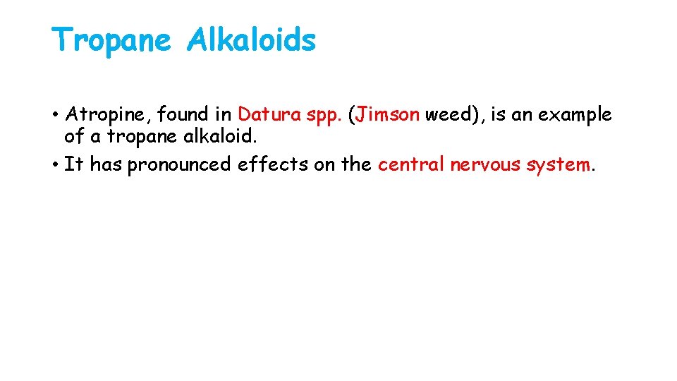 Tropane Alkaloids • Atropine, found in Datura spp. (Jimson weed), is an example of