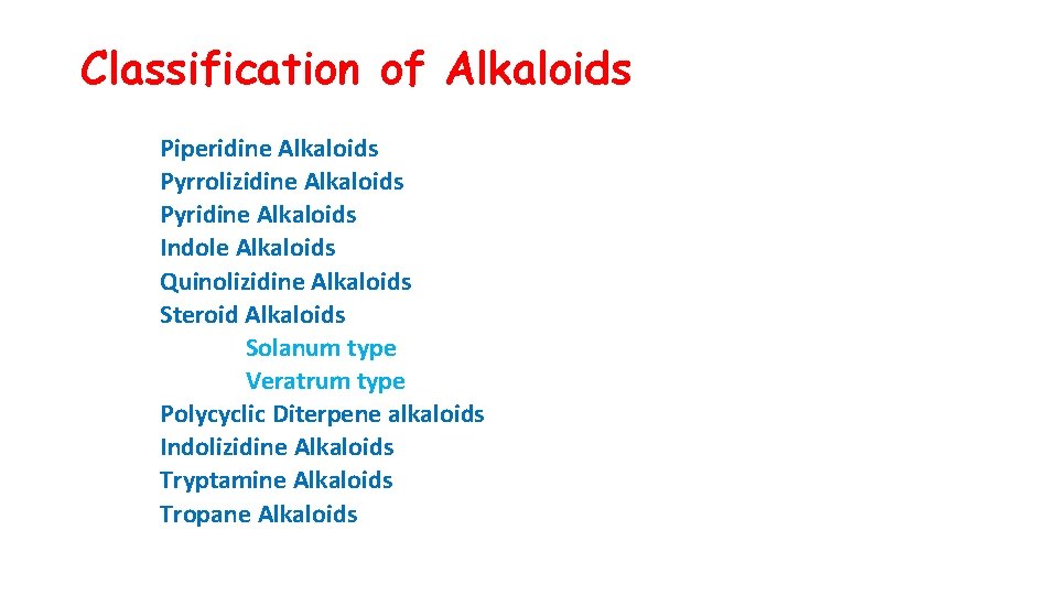 Classification of Alkaloids Piperidine Alkaloids Pyrrolizidine Alkaloids Pyridine Alkaloids Indole Alkaloids Quinolizidine Alkaloids Steroid