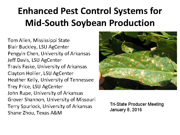 Enhanced Pest Control Systems for Mid-South Soybean Production Tom Allen, Mississippi State Blair Buckley,