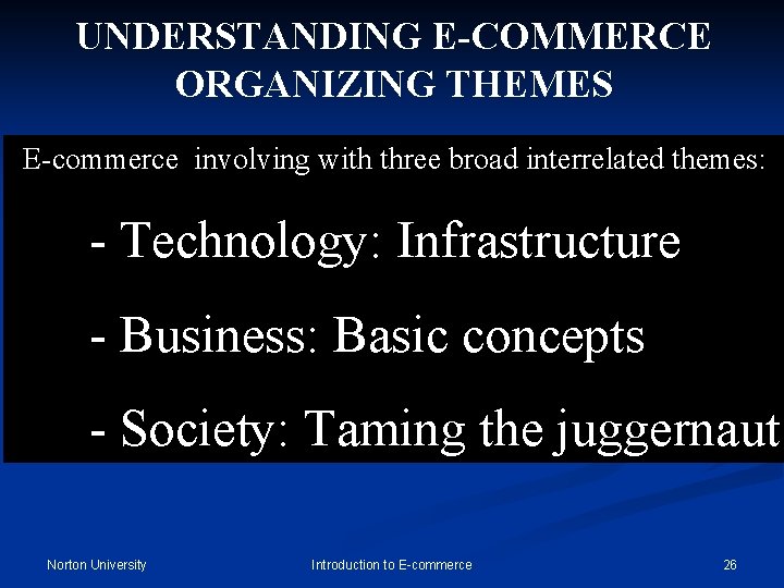 UNDERSTANDING E-COMMERCE ORGANIZING THEMES E-commerce involving with three broad interrelated themes: - Technology: Infrastructure