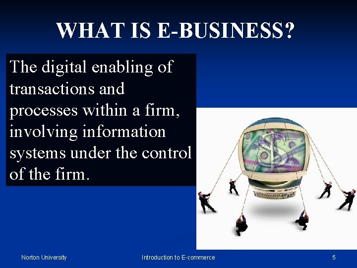 WHAT IS E-BUSINESS? The digital enabling of transactions and processes within a firm, involving