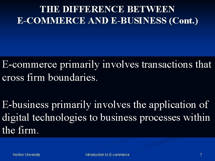 THE DIFFERENCE BETWEEN E-COMMERCE AND E-BUSINESS (Cont. ) E-commerce primarily involves transactions that cross