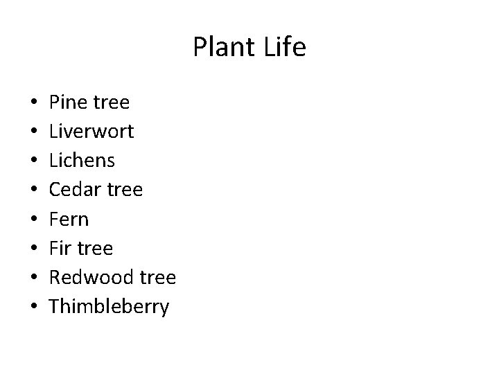 Plant Life • • Pine tree Liverwort Lichens Cedar tree Fern Fir tree Redwood