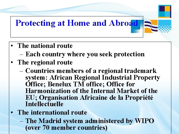 Protecting at Home and Abroad • The national route – Each country where you Protecting at Home and Abroad • The national route – Each country where you