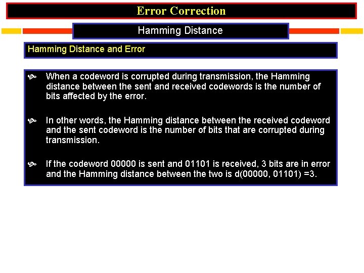 Error Correction Hamming Distance and Error When a codeword is corrupted during transmission, the