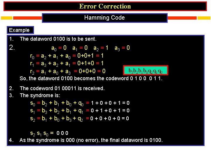 Error Correction Hamming Code Example 1. 2. The dataword 0100 is to be sent.