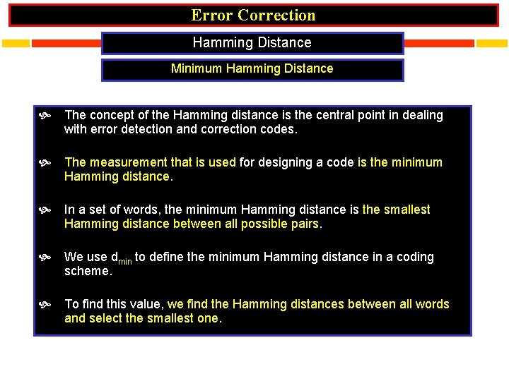 Error Correction Hamming Distance Minimum Hamming Distance The concept of the Hamming distance is