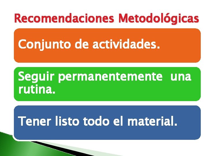 Recomendaciones Metodológicas Conjunto de actividades. Seguir permanentemente una rutina. Tener listo todo el material.