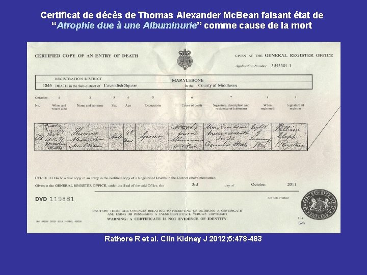 Certificat de décès de Thomas Alexander Mc. Bean faisant état de “Atrophie due à