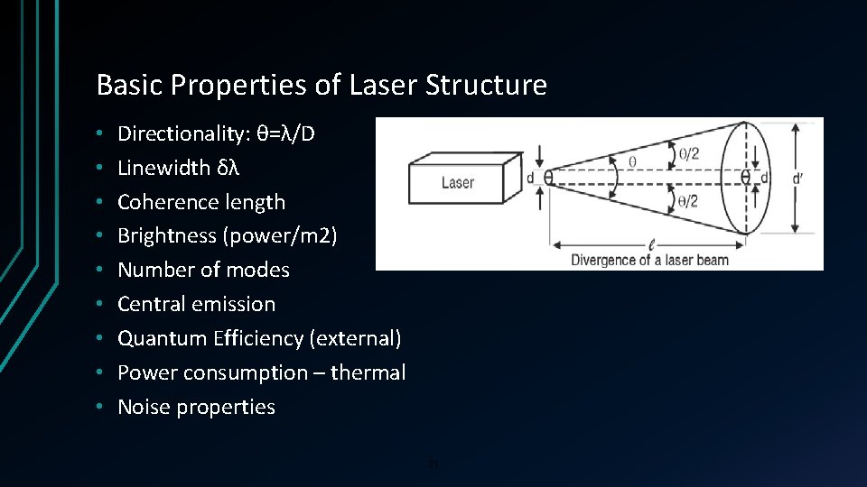 Basic Properties of Laser Structure • • • Directionality: θ=λ/D Linewidth δλ Coherence length